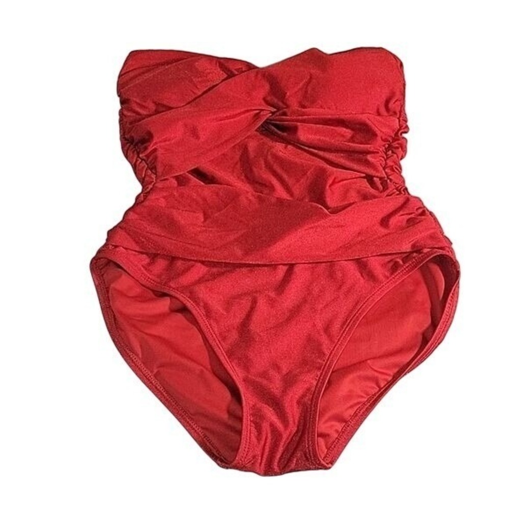 TAHARI Strappless one piece Ruched Bathing Suit SP Red Beach Coastal Vacation